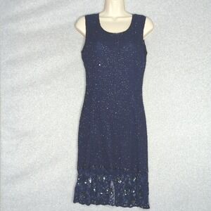 Vintage Bellissima Navy Blue Beaded Sequin Lace Cocktail Party Mini Dress‎ M